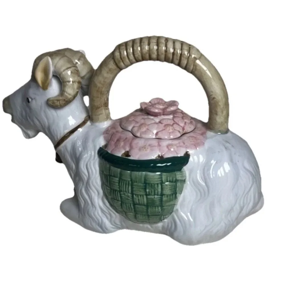 Napco Ram Floral Ceramic Vintage Teapot 7.5” Tall Cottagecore Collector Teapot
